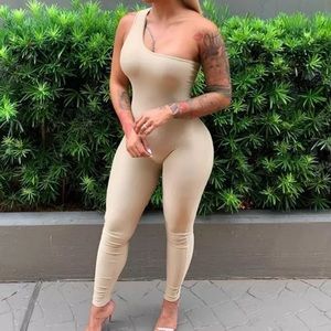 Cream One shoulder jumpsuit